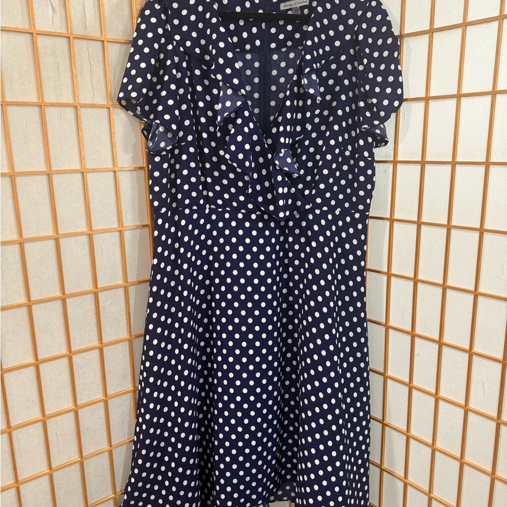Danny & Nicole Navy and White Polka Dot Ruffle Dress